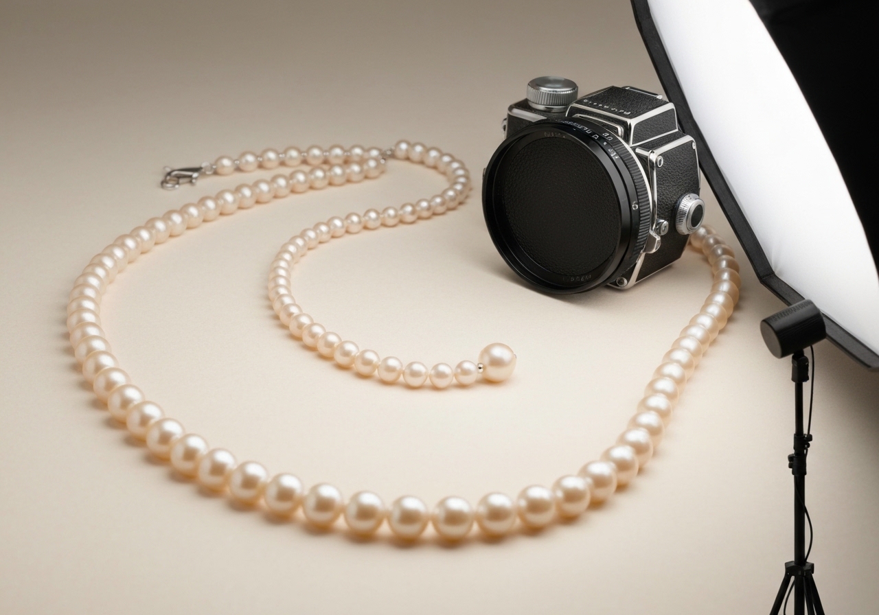 Detailaufnahme des Perlenketten von berühmten Frauen im Berliner Atelier von Juwelier lesfacettes.de