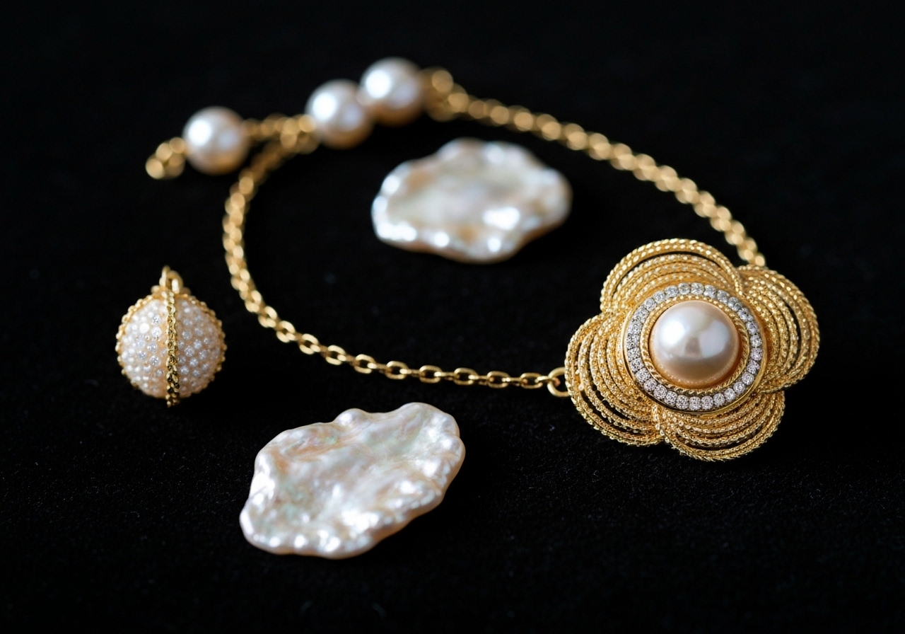 Detailaufnahme des Schmuck mit Keshi-Perlen im Berliner Atelier von Juwelier lesfacettes.de