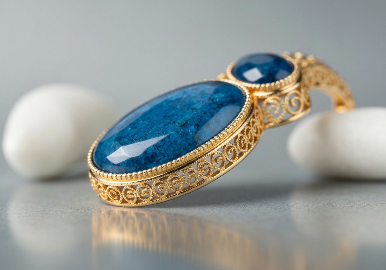 Detailaufnahme des Halskette mit blauem Topas im Berliner Atelier von Juwelier lesfacettes.de