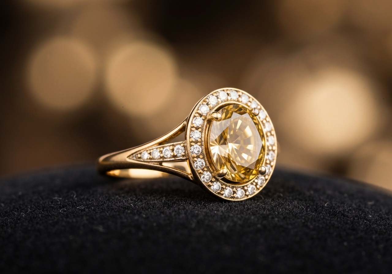 Detailaufnahme des Verlobungsring mit gelbem Diamanten im Berliner Atelier von Juwelier lesfacettes.de